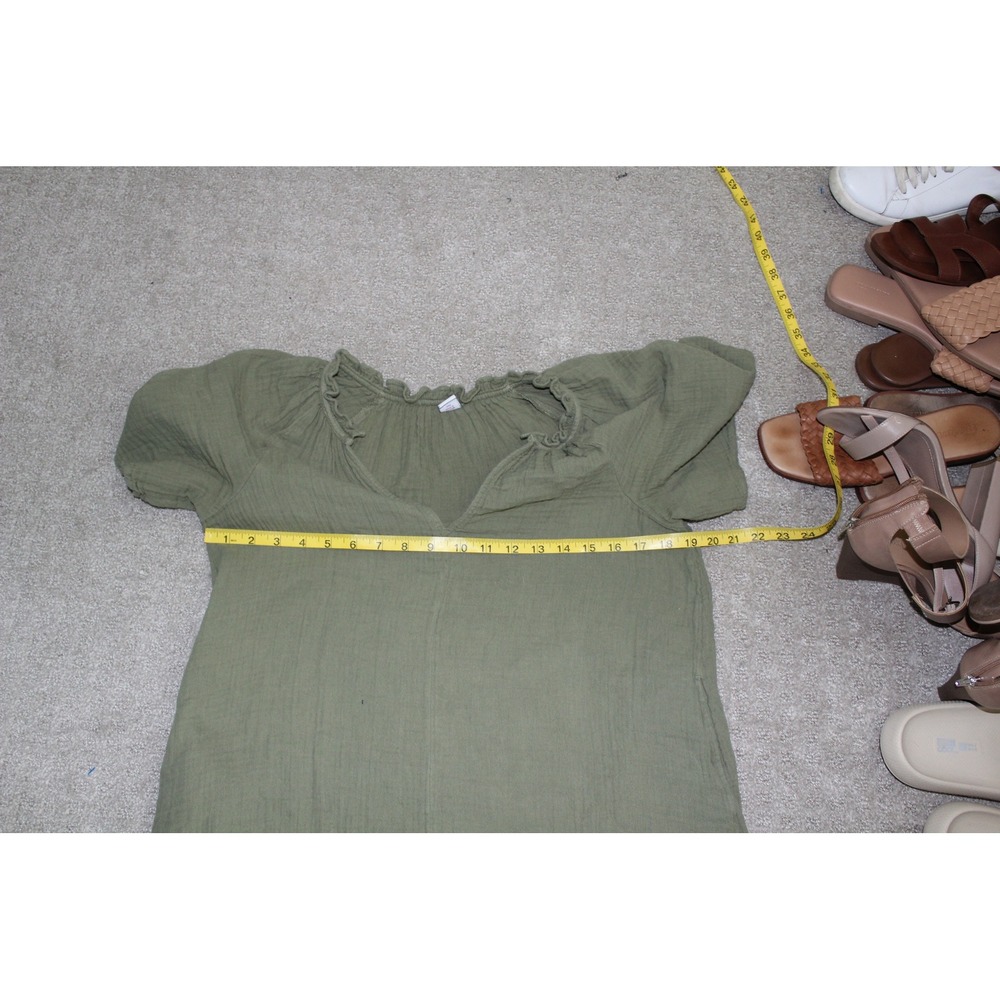 Old Navy Womens XS Olive Green Cotton Gauze Ruffle Neck Pockets Shift Mini Dress - Picture 5 of 9
